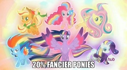 Size: 1280x714 | Tagged: safe, applejack, fluttershy, pinkie pie, rainbow dash, rarity, twilight sparkle, alicorn, pony, g4, twilight's kingdom, female, hub logo, image macro, mane six, mare, meme, rainbow power, twice as fancy ponies, twilight sparkle (alicorn)