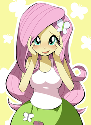 Size: 800x1099 | Tagged: dead source, safe, artist:karmirafox, fluttershy, equestria girls, g4, blushing, breasts, cleavage, clothes, cute, female, looking at you, open mouth, shyabetes, skirt, solo, tank top