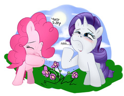 Size: 1013x788 | Tagged: safe, artist:n@ndo, pinkie pie, rarity, g4, allergies, color, female, fetish, flower, nostrils, pollen, pre sneeze, sneezing, sneezing fetish