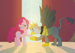 Size: 1151x820 | Tagged: safe, artist:carnifex, king grover, pinkie pie, earth pony, griffon, pony, g4, the lost treasure of griffonstone, anachronism, bedroom eyes, blushing, crown, crown of grover, eyes closed, female, groverpie, hoof kissing, implied time travel, jewelry, kissing, lip bite, male, old charmer, raised leg, regalia, shipping, smiling, spread wings, straight, this will end in timeline distortion