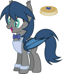 Size: 2313x2734 | Tagged: safe, artist:duskthebatpack, oc, oc only, oc:blueberry pancake, bat pony, pony, apron, bat pony oc, bowtie, clothes, cufflinks, cuffs (clothes), cute, fangs, female, happy, mare, naked apron, open mouth, pancakes, simple background, smiling, solo, transparent background, vector, waitress