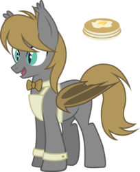 Size: 2424x2974 | Tagged: safe, artist:duskthebatpack, oc, oc only, oc:buttermilk pancake, bat pony, pony, apron, bowtie, clothes, cute, cutie mark, fangs, high res, male, open mouth, pancakes, simple background, smiling, solo, stallion, transparent background, vector, waiter