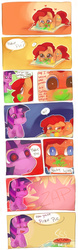 Size: 995x3178 | Tagged: safe, artist:dhui, pinkie pie, twilight sparkle, earth pony, pony, unicorn, g4, chibi, comic, filly, food transformation, inanimate tf, literal, literally, omg, paint, paint on fur, pie, pinkie pie (form), potato, pun, rainbow dash is a potato, sweat, tired pie, transformation, unicorn twilight, wat, why, younger
