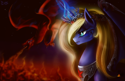 Size: 2473x1617 | Tagged: safe, artist:das_leben, oc, oc only, dragon, pony, unicorn, burning, duet, fire, night, portrait, regalia, sad