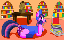 Size: 1125x717 | Tagged: safe, artist:neoryan2, twilight sparkle, pony, unicorn, g4, adult foal, bonnet, book, booties, diaper, female, golden oaks library, lying down, non-baby in diaper, onesie, pacifier, prone, reading, solo, unicorn twilight