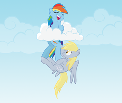 Size: 900x758 | Tagged: safe, alternate version, artist:radiantrealm, derpy hooves, rainbow dash, pegasus, pony, g4, cloud, cloudy, female, hoof tickling, mare, show accurate, tickling