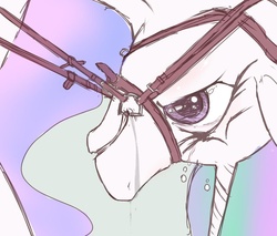 Size: 1023x871 | Tagged: safe, artist:snk, princess celestia, alicorn, pony, g4, bit, bit gag, bridle, close-up, crying, drool, female, frown, gray background, gritted teeth, looking down, mare, simple background, solo, teeth, wip
