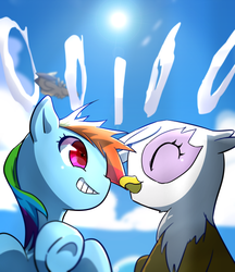 Size: 535x620 | Tagged: safe, artist:youhoujou, gilda, rainbow dash, griffon, pegasus, pony, g4, filly, younger