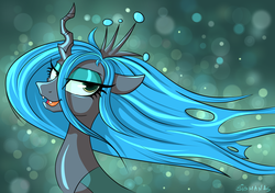Size: 3600x2533 | Tagged: safe, artist:sigmanas, queen chrysalis, changeling, changeling queen, g4, bedroom eyes, crown, female, flowing mane, high res, jewelry, portrait, regalia, solo