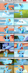 Size: 1282x3304 | Tagged: safe, rainbow dash, pegasus, pony, comic:celestia's servant interview, g4, book, caption, cloud, comic, cs captions, featureless crotch, female, hoofy-kicks, injured, interview, lying down, mare, on back, patch, pillow, reading