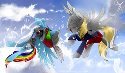 Size: 2368x1381 | Tagged: safe, artist:supermare, derpy hooves, rainbow dash, pegasus, pony, g4, clothes, crossover, delsin rowe, female, infamous, infamous second son, mare, mask, sky