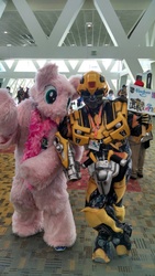 Size: 541x960 | Tagged: safe, oc, oc:fluffle puff, human, bronycon, 2015, bumblebee (transformers), clothes, cosplay, fursuit, hasbro, irl, irl human, photo, transformers