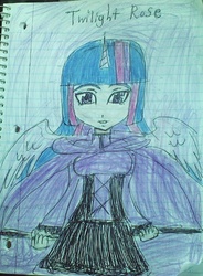 Size: 1594x2160 | Tagged: safe, artist:rwbyrebirthfantasy, twilight sparkle, hybrid, equestria girls, g4, breasts, crossover, female, fusion, horn, horned humanization, humanized, lined paper, rooster teeth, ruby rose, rwby, solo, traditional art, twilight sparkle (alicorn), weapon, winged humanization, wings