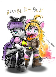 Size: 1024x1400 | Tagged: safe, artist:mudslingerartist, maud pie, pinkie pie, g4, blake belladonna, clothes, cosplay, costume, crossover, female, hug, rooster teeth, rwby, simple background, yang xiao long