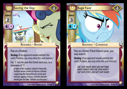 Size: 716x500 | Tagged: safe, enterplay, bon bon, rainbow dash, sweetie drops, twilight sparkle, bugbear, equestrian odysseys, g4, my little pony collectible card game, slice of life (episode), tanks for the memories, blatant lies, ccg, do i look angry, paw pads, secret agent sweetie drops