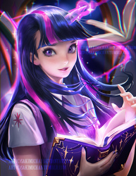 Size: 695x900 | Tagged: safe, artist:sakimichan, twilight sparkle, human, g4, beautiful, blue hair, book, clothes, cutie mark, eyelashes, female, horn, horned humanization, humanized, levitation, light skin, long hair, looking at you, magic, multicolored hair, open mouth, pink hair, purple hair, signature, solo, sparkles, telekinesis