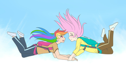 Size: 1280x771 | Tagged: safe, artist:jonfawkes, fluttershy, rainbow dash, human, g4, air ponyville, blushing, clothes, commission, equipment, eyes closed, holding hands, humanized, open mouth, parachute, shoes, sky, skydiving