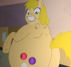 Size: 640x603 | Tagged: safe, artist:pikapetey, oc, oc only, oc:crystal universe, oc:fatty cheeseburger, bronycon, bronycon 2015, butt, fat, hilarious in hindsight, makeup, obese, plot
