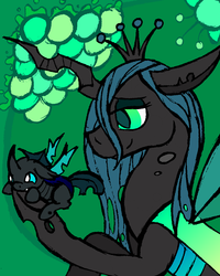 Size: 800x1000 | Tagged: safe, artist:ahaintthatbad, queen chrysalis, changeling, changeling queen, nymph, g4, cute, cutealis, cuteling, duo, female, happy, mommy chrissy, smiling