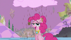 Size: 1280x718 | Tagged: safe, screencap, pinkie pie, earth pony, pony, g4, the return of harmony, chaos, chocolate, chocolate milk, chocolate rain, cloud, cotton candy, cotton candy cloud, discorded landscape, element of laughter, female, food, looking at camera, looking at you, mare, ponyville, rain, solo, tongue out