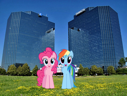 Size: 800x600 | Tagged: safe, pinkie pie, rainbow dash, g4, female, illinois, irl, lesbian, photo, ponies in real life, schaumburg, ship:pinkiedash, shipping, smiling, zurich, zurich towers