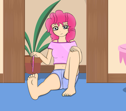 Size: 2024x1770 | Tagged: safe, artist:leet4tango, pinkie pie, human, g4, barefoot, belly button, clothes, feet, female, foot fetish, foot focus, humanized, midriff, sandals, short shirt, soles, solo, toes