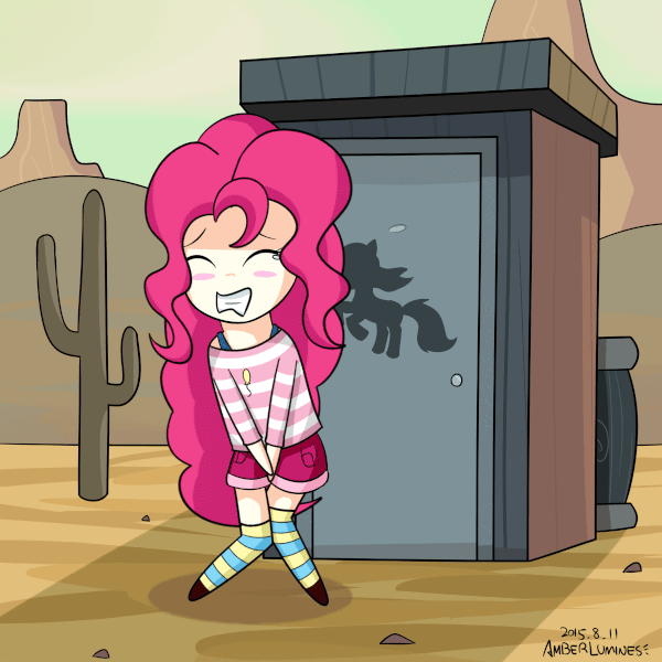 955924 - safe, artist:vanillafox2035, pinkie pie, human, the last roundup,  animated, blushing, clothes, covering crotch, cute, desperation, diapinkes,  female, humanized, need to pee, omorashi, outhouse, potty dance, potty  emergency, potty time, scene