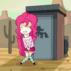 Size: 1200x1200 | Tagged: safe, artist:vanillafox2035, pinkie pie, human, g4, the last roundup, animated, blushing, clothes, covering crotch, cute, desperation, diapinkes, female, humanized, need to pee, omorashi, outhouse, potty dance, potty emergency, potty time, scene interpretation, shorts, socks, solo, striped socks, sweat, sweating profusely