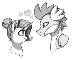 Size: 1280x1064 | Tagged: safe, artist:88ms-allie88, artist:celeriven, rarity, spike, dragon, pony, unicorn, g4, alternate hairstyle, female, heart, male, mare, monochrome, older, older spike, ship:sparity, shipping, simple background, smiling, straight, transparent background