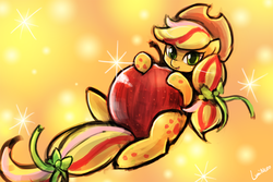 Size: 1125x750 | Tagged: safe, artist:lumineko, applejack, g4, 30 minute art challenge, apple, cute, female, jackabetes, looking at you, open mouth, rainbow power, solo