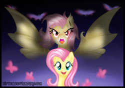 Size: 1200x838 | Tagged: safe, artist:lifyen, fluttershy, pony, g4, duality, fangs, female, flutterbat, smiling, solo