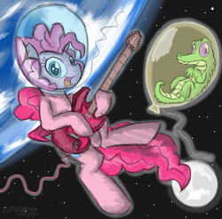 Size: 1250x1230 | Tagged: safe, artist:flutterthrash, gummy, pinkie pie, g4, balloon, duo, electric guitar, guitar, moon, musical instrument, planet, rock (music), space