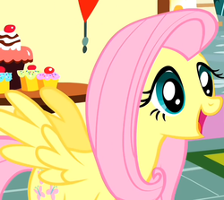 Size: 594x529 | Tagged: safe, screencap, fluttershy, g4, cake, cupcake, female, food, happy, open mouth, reaction image, solo