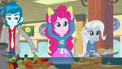 Size: 1920x1080 | Tagged: safe, screencap, pinkie pie, thunderbass, trixie, equestria girls, g4, my little pony equestria girls, apple, background human, banana, cafeteria, clothes, cute, diapinkes, food, sandwich, wondercolts uniform