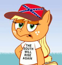 Size: 365x380 | Tagged: safe, artist:hotdiggedydemon, edit, applejack, earth pony, pony, ask jappleack, g4, american civil war, ask, battle flag of tennessee, bigotjack, civil war, clothes, confederate, confederate flag, cropped, drama, female, flag, hat, jappleack, mouthpiece, redneck, solo, t-shirt, the south will rise again, trucker's cap, tumblr
