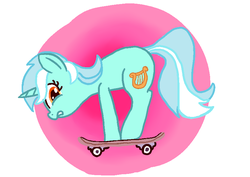 Size: 809x574 | Tagged: safe, artist:tanmansmantan, lyra heartstrings, pony, unicorn, g4, abstract background, circle background, female, nervous, skateboard, solo