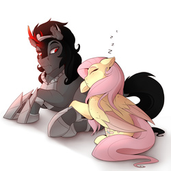 Size: 2000x2000 | Tagged: safe, artist:evehly, fluttershy, king sombra, pegasus, pony, unicorn, g4, butt pillow, butthug, cuddling, duo, female, floppy ears, fluffy, frown, high res, leaning, male, mare, on side, ship:sombrashy, shipping, sleeping, snuggling, stallion, straight, unamused, underhoof
