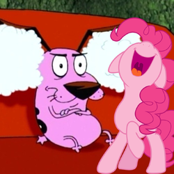 Size: 500x500 | Tagged: safe, pinkie pie, dog, earth pony, pony, g4, cartoon network, courage, courage (character), courage the cowardly dog, female, male, mare, singing, varying degrees of amusement