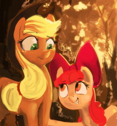 Size: 1024x1100 | Tagged: safe, artist:dimfann, apple bloom, applejack, earth pony, pony, g4, :t, bow, female, filly, freckles, grin, hat, looking at each other, mare, sisters, smiling