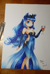 Size: 1396x2048 | Tagged: safe, artist:claire lin, princess luna, human, g4, cleavage, clothes, dress, female, humanized, side slit, solo, traditional art