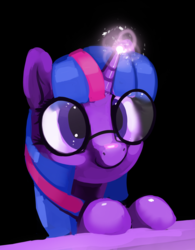 Size: 1024x1314 | Tagged: safe, artist:dimfann, twilight sparkle, g4, cute, female, glasses, glowing horn, horn, leaning, magic, purple smart, smiling, solo, twiabetes