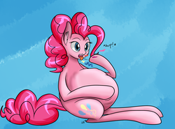 Size: 2700x2000 | Tagged: safe, artist:novaspark, pinkie pie, earth pony, pony, g4, abdominal bulge, belly, bruping up items, burp, confetti, female, fetish, high res, mare, pinkie pred, vore