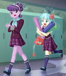 Size: 1000x1147 | Tagged: safe, artist:uotapo, coco pommel, suri polomare, equestria girls, :o, bag, carrying, clothes, clumsy, cocobetes, crystal prep academy, crystal prep academy uniform, cute, dropping, equestria girls-ified, fabric, female, frown, glare, keychain, open mouth, purse, running, school uniform, shoes, skirt, socks, suribetes, uotapo is trying to murder us, watch, wristwatch