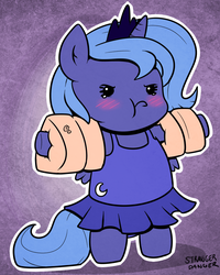 Size: 943x1181 | Tagged: safe, artist:strangerdanger, princess luna, pony, g4, :t, annoyed, attached skirt, beady eyes, bipedal, blushing, chibi, clothes, crying, cute, female, filly, floaty, frown, lunabetes, one-piece swimsuit, pouting, solo, swimsuit, water wings, woona