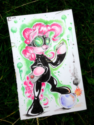 Size: 2448x3264 | Tagged: safe, artist:yellowrobin, pinkie pie, g4, bomb, catsuit, female, high res, latex suit, night vision goggles, pocket watch, solo, spy, traditional art
