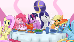 Size: 6000x3375 | Tagged: safe, artist:mricantdraw, applejack, fluttershy, pinkie pie, rainbow dash, rarity, twilight sparkle, alicorn, pony, rabbit, g4, animal, book, cake, carrot, eating, eating contest, etiquette, feeding, female, food, herbivore, mane six, manner, manners, mare, meal, messy eating, salad, table manners, twilight sparkle (alicorn), uncouth