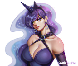 Size: 1093x929 | Tagged: safe, artist:scarletdesires, princess luna, human, g4, bedroom eyes, breasts, busty princess luna, cleavage, clothes, dress, earring, evening gloves, female, gloves, horn, horned humanization, humanized, looking at you, piercing, smiling, solo