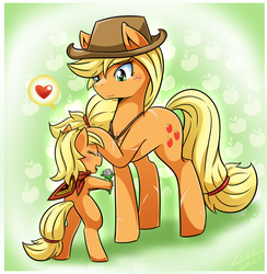 Size: 1000x1025 | Tagged: safe, artist:vavacung, applejack, oc, oc:little aj, pony, semi-anthro, comic:crazy future, g4, bipedal, flower, heart, jewelry, neckerchief, necklace, offspring, parent:applejack, parent:unnamed oc, parents:canon x oc, ponytail, scar