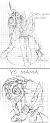 Size: 1004x2460 | Tagged: safe, artist:adlaz, queen chrysalis, changeling, changeling queen, g4, belly, belly bed, cap, chrysalispred, comic, female, fetish, hat, monochrome, simple background, sketch, tongue out, traditional art, vore, yo mama
