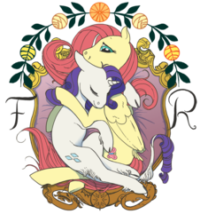 Size: 824x877 | Tagged: safe, artist:spectralunicorn, discord, fluttershy, rarity, classical unicorn, g4, female, horn, leonine tail, lesbian, modern art, nouveau, ship:flarity, shipping